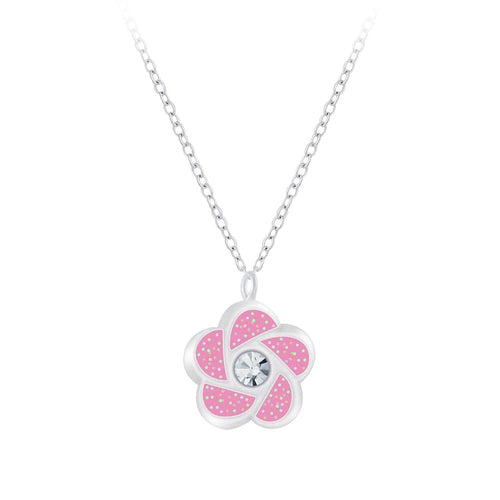 Children's Sterling Silver 'Pink Glitter Flower'Pendant Necklace