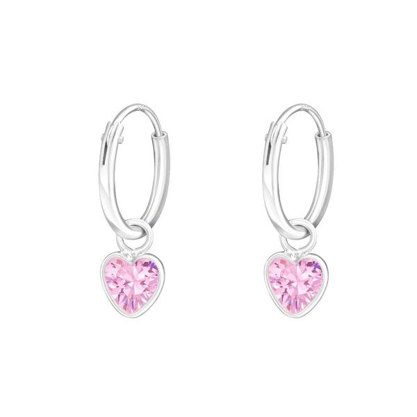 Children's Sterling Silver 'Ruby Corundum Pink Crystal Heart' Hoop Earrings