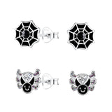 Children's Sterling Silver Set of 2 Pairs of Halloween Spider Themed Stud Earrings