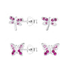 Children's Sterling Silver Set of 2 Pairs of Dragonfly and Butterfly Crystal Stud Earrings