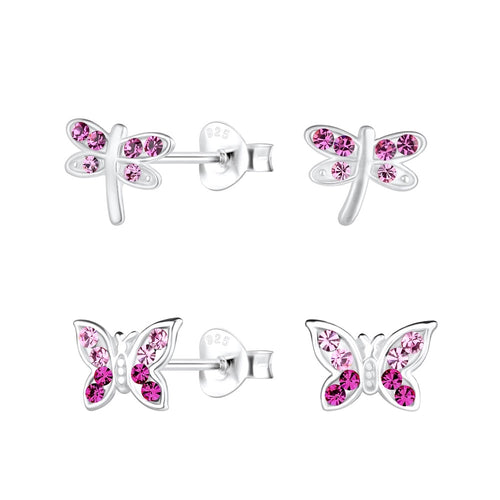 Children's Sterling Silver Set of 2 Pairs of Dragonfly and Butterfly Crystal Stud Earrings