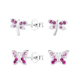 Children's Sterling Silver Set of 2 Pairs of Dragonfly and Butterfly Crystal Stud Earrings