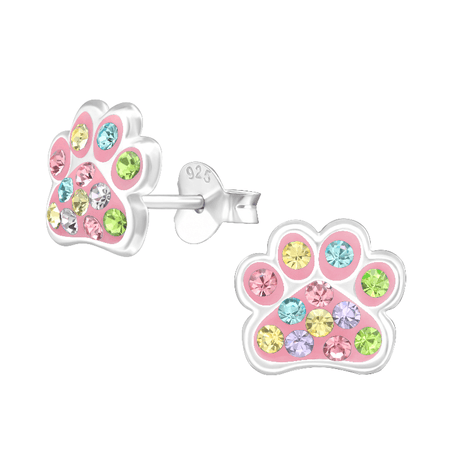 Children's Sterling Silver 'Rose Pink Sparkle Paw and Heart' Crystal Stud Earrings