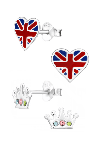 Children's Sterling Silver Set of 2 Pairs of King's Coronation Themed Stud Earrings