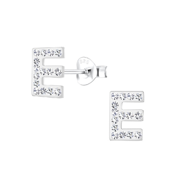 Children's Sterling Silver 'Crystal Letter E' Stud Earrings