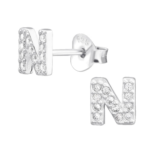Children's Sterling Silver 'Letter N' Crystal Stud Earrings