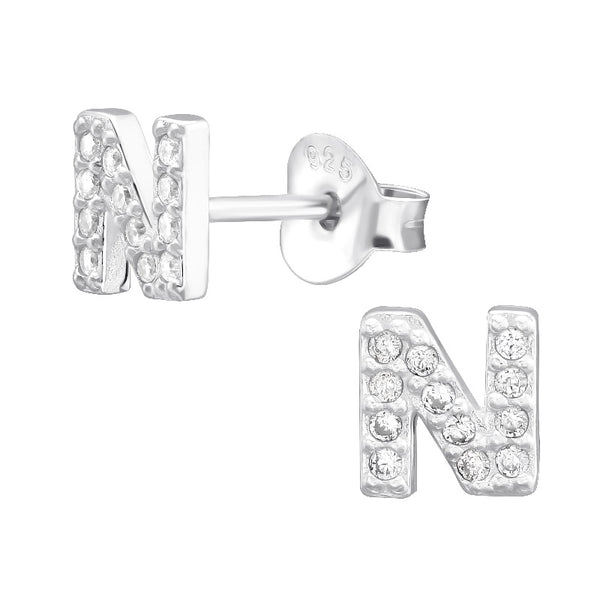 Children's Sterling Silver 'Letter N' Crystal Stud Earrings