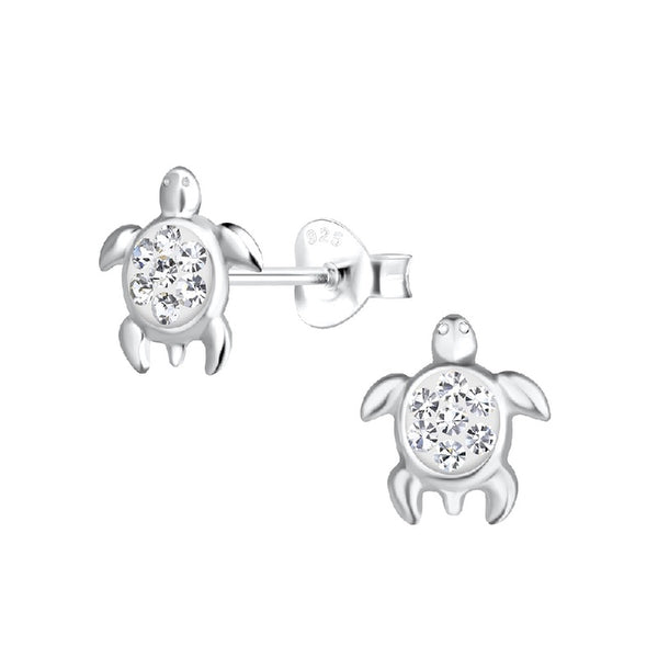 Children's Sterling Silver 'Clear Sparkle Turtle/Tortoise' Crystal Stud Earrings