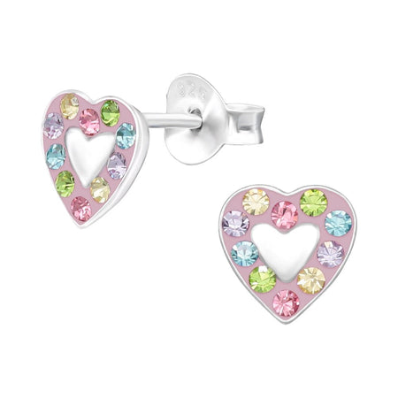 Children's Sterling Silver 'Shades of Pink Sparkle Heart' Crystal Stud Earrings