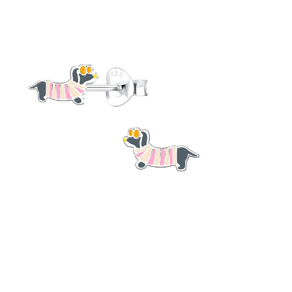 Children's Sterling Silver Sausage Dog / Dachshund in T-Shirt and Sunglasses Stud Earrings (Dark Brown)