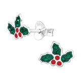 Children's Sterling Silver Christmas Holly Stud Earrings