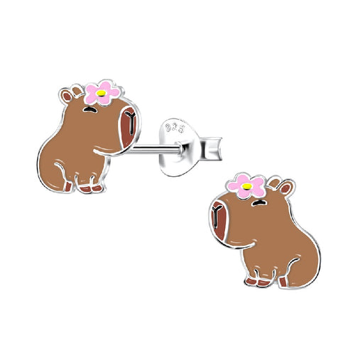 Children's Sterling Silver 'Capybara with Flower' Stud Earrings