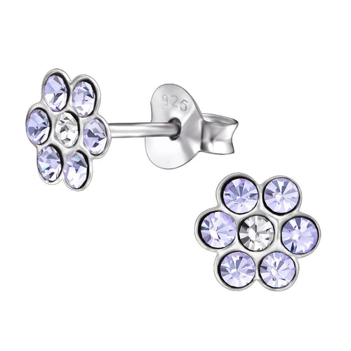 Children's Sterling Silver Purple Diamante Flower Stud Earrings