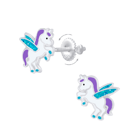 Children's Sterling Silver Blue Glitter Unicorn Stud Earrings