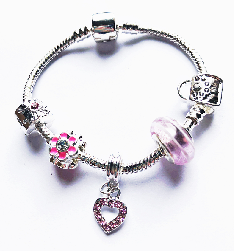 Children's Pink 'Candy Heart' Silver Plated Charm Bead Bracelet