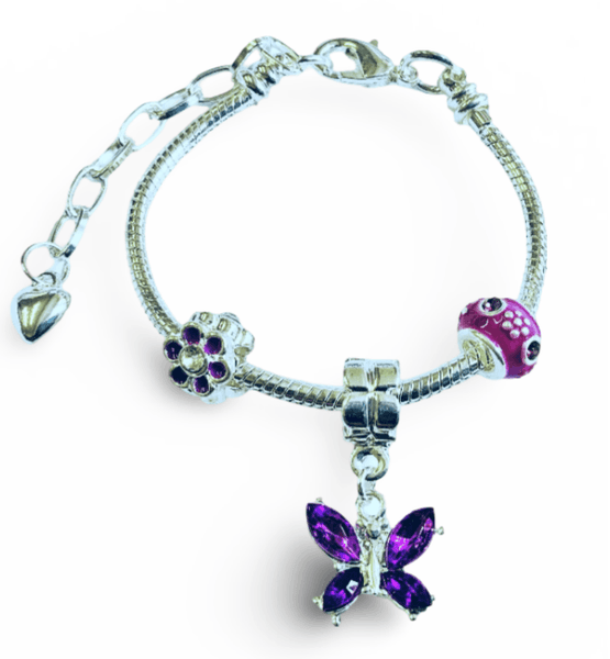Children's Adjustable Purple 'Butterfly Wishes' Silver Plated Charm Bead Bracelet