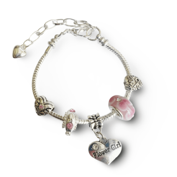 Children's Adjustable 'Pink Flower Girl' Silver Plated Charm Bead Bracelet