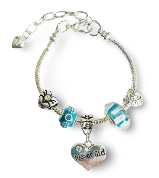 Children's Adjustable 'Blue Flower Girl' Silver Plated Charm Bead Bracelet