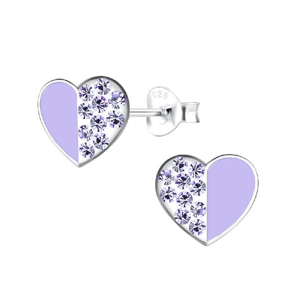 Children's Sterling Silver 'Lilac Purple Sparkle Heart' Stud Earrings
