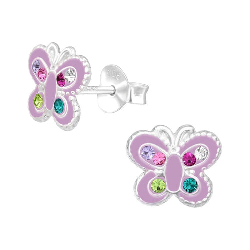 Children's Sterling Silver 'Light Purple Butterfly with Colourful Crystals' Stud Earrings