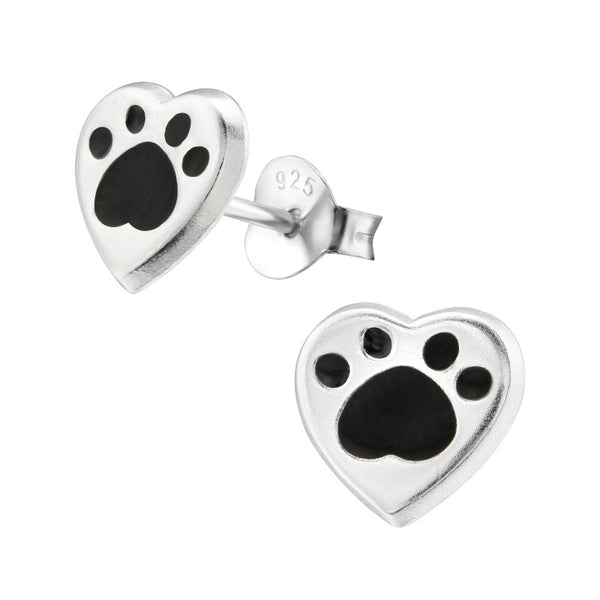 Children's Sterling Silver 'Black Paw Heart' Stud Earrings