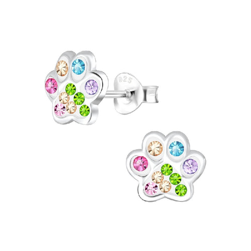Children's Sterling Silver 'Pink and Multicoloured Sparkle Paw' Crystal Stud Earrings