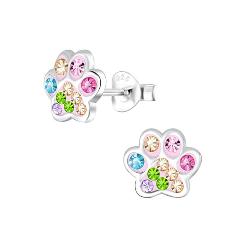 Children's Sterling Silver 'Pink and Multicoloured Sparkle Paw' Crystal Stud Earrings