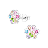 Children's Sterling Silver 'Pink and Multicoloured Sparkle Paw' Crystal Stud Earrings