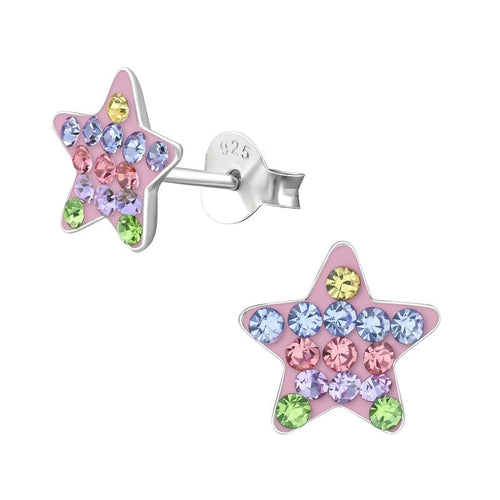 Children's Sterling Silver 'Pink and Multicoloured Crystal Star' Stud Earrings