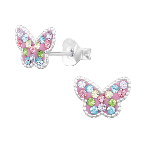 Children's Sterling Silver 'Pink Butterfly with Multi-Coloured Crystals' Stud Earrings