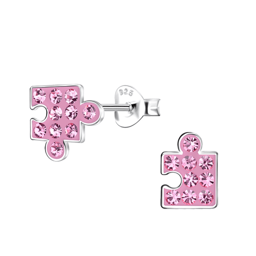 Children's Sterling Silver 'Pink Sparkle Jigsaw Puzzle Piece' Crystal Stud Earrings