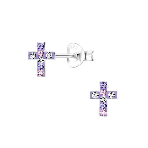 Children's Sterling Silver 'Lilac Diamante Sparkle Cross' Crystal Stud Earrings