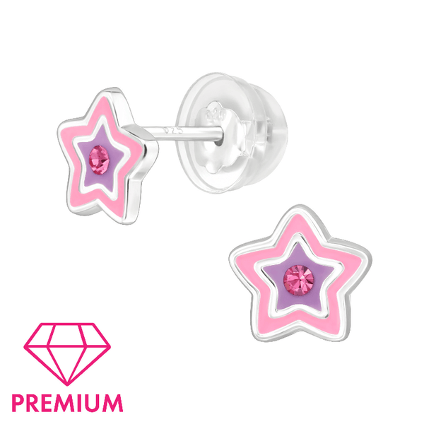 Children's Sterling Silver 'Pink and Purple Star with Crystal' Stud Earrings