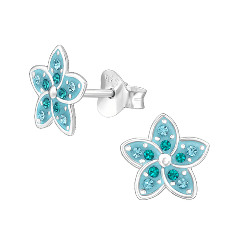 Children's Sterling Silver 'Aqua Blue Sparkle Flower' Stud Earrings