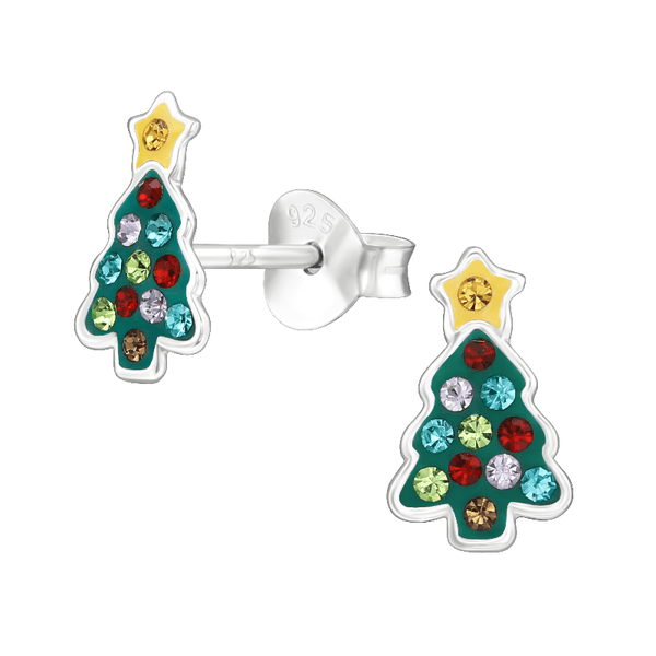 Children's Sterling Silver Colourful Crystal Christmas Tree Stud Earrings