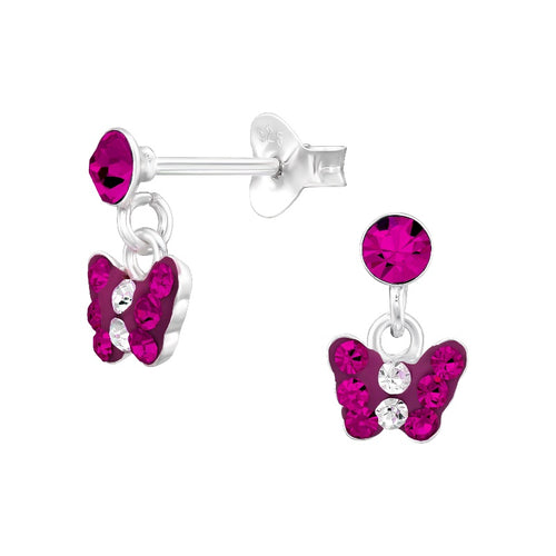 Children's Sterling Silver 'Fuchsia Sparkle Drop Butterfly' Crystal Stud Earrings
