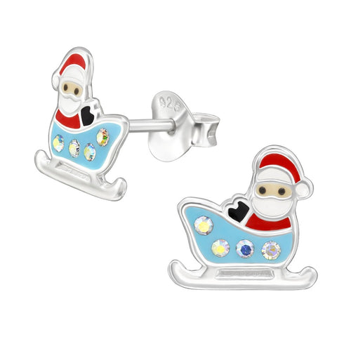 Children's Sterling Silver Christmas Santa Claus in Sleigh Stud Earrings