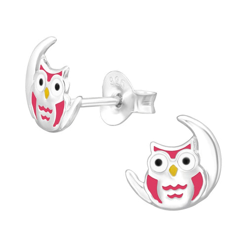 Children's Sterling Silver 'Owl in Moon' Stud Earrings