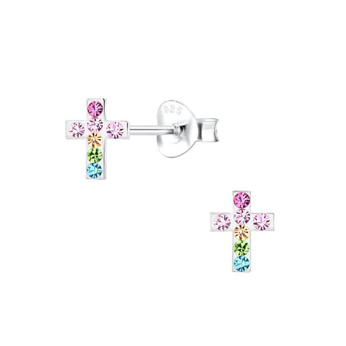 Children's Sterling Silver Multicoloured Crystal Cross Stud Earrings