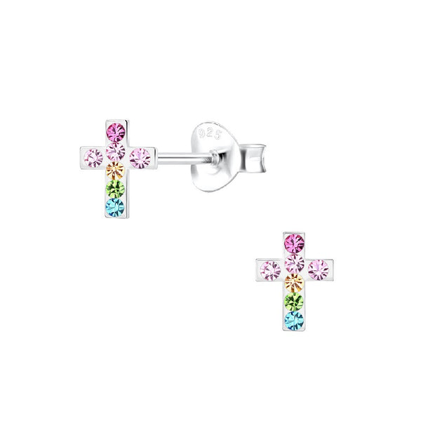 Children's Sterling Silver Multicoloured Crystal Cross Stud Earrings