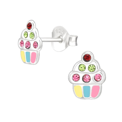 Children's Sterling Silver Crystal Cupcake Stud Earrings