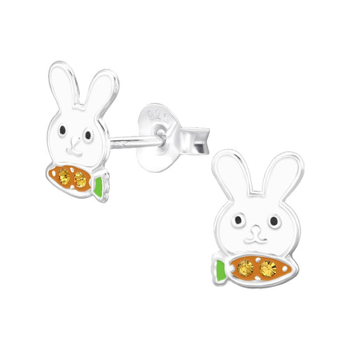 Children's Sterling Silver 'White Bunny Rabbit With Crystal Carrot' Stud Earrings