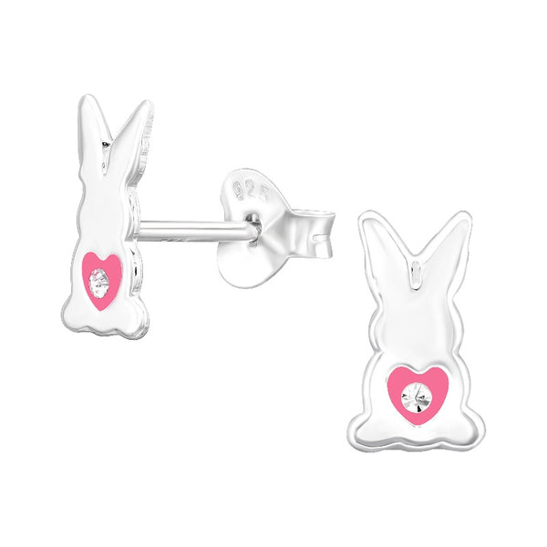 Children's Sterling Silver 'Bunny Rabbit With Pink Heart' Stud Earrings