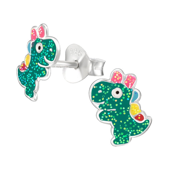 Children's Sterling Silver 'Sparkle Glitter Dinosaur' Stud Earrings