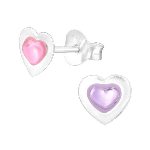 Children's Sterling Silver 'Pink and Purple Heart' Stud Earrings