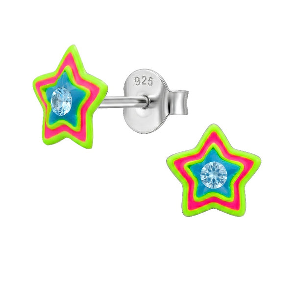 Children's Sterling Silver 'Colourful Neon Star' Stud Earrings