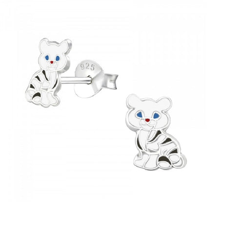 Children's Sterling Silver White Tiger Stud Earrings