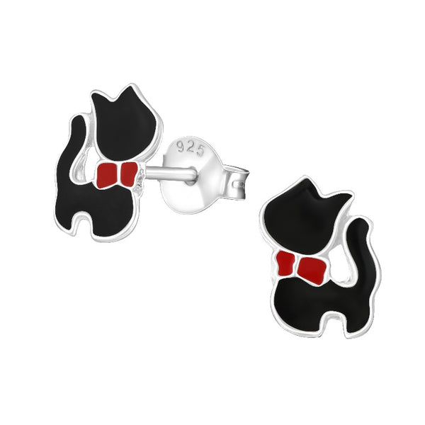 Children's Sterling Silver 'Black Cat with Red Bow' Stud Earrings