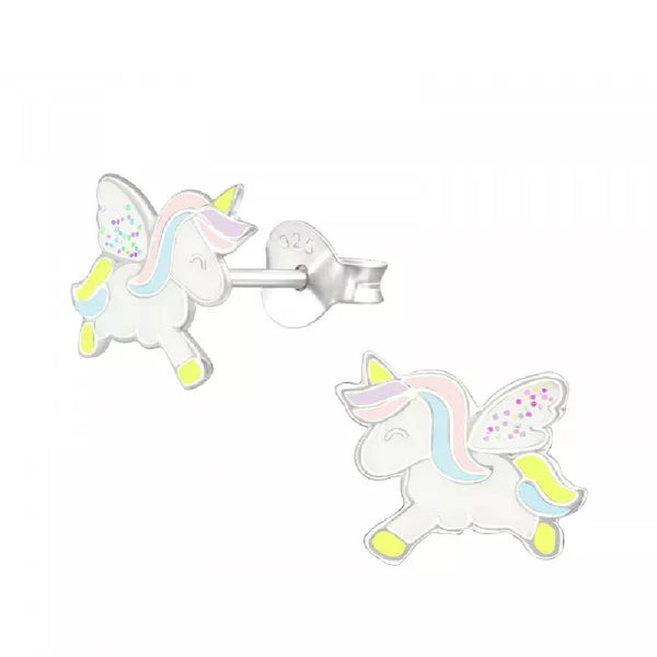 Children's Sterling Silver 'Pastel Flying Unicorn' Stud Earrings