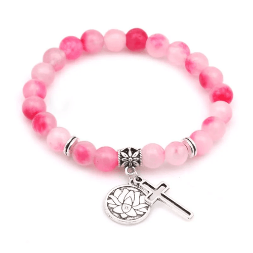 Adult's/Teenager's 'Pink Natural Agate' Beaded Yoga Stretch Bracelet with Lotus and Cross Pendant